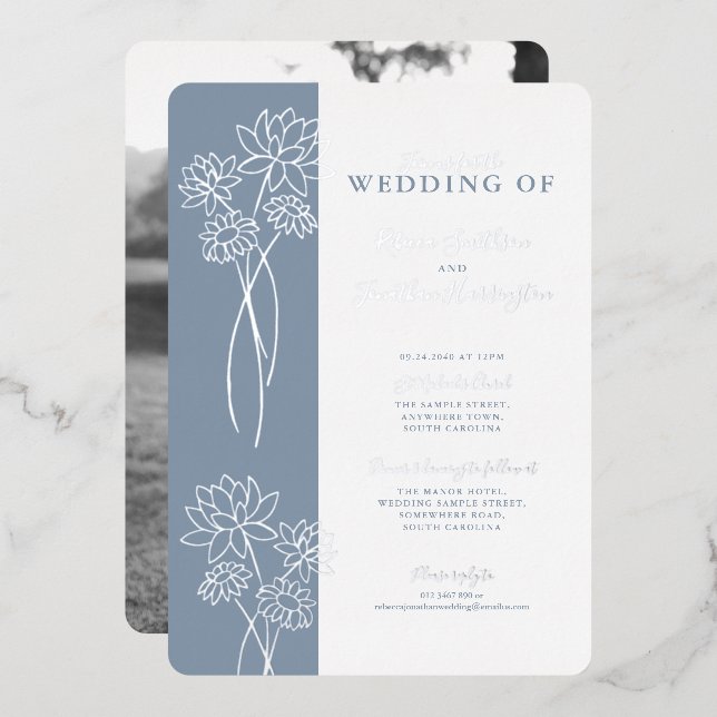 Silver Floral Dusty Blue Wedding Foil Invitation (Front/Back)