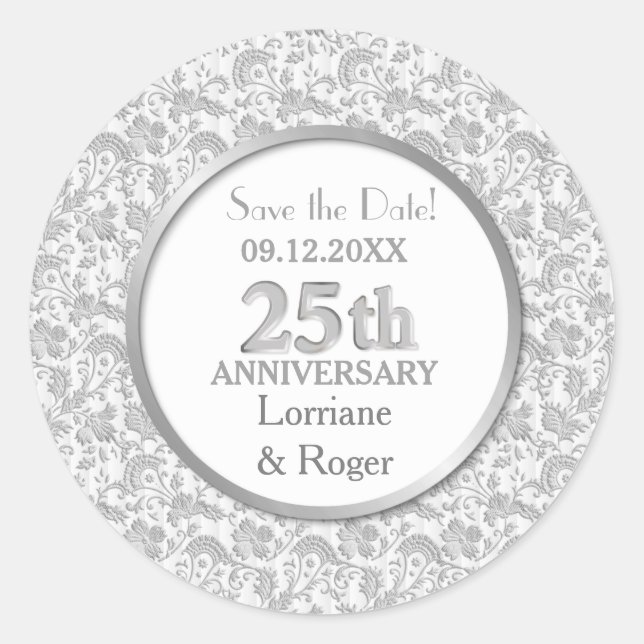 Silver Floral Elegance 25th Wedding Anniversary Classic Round Sticker (Front)