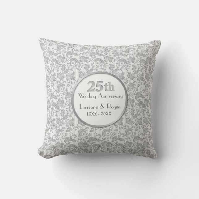 Silver Floral Elegance 25th Wedding Anniversary Cushion (Front)