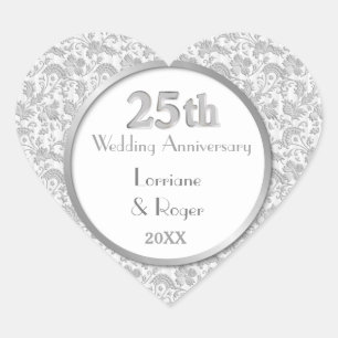 Silver Floral Elegance 25th Wedding Anniversary Heart Sticker