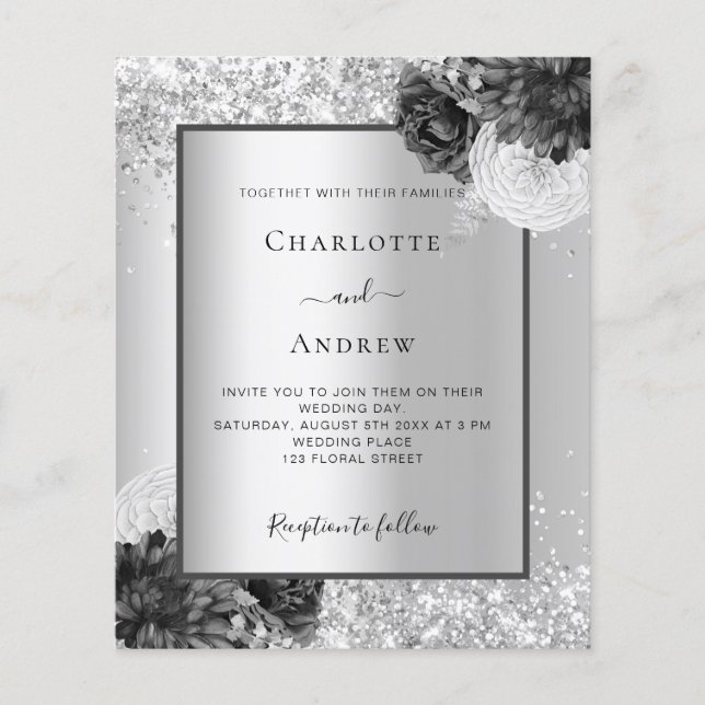Silver floral elegant budget wedding invitation flyer (Front)