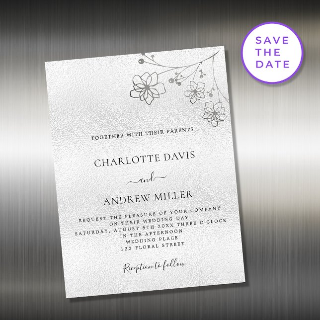Silver floral elegant wedding invitation magnet (Creator Uploaded)