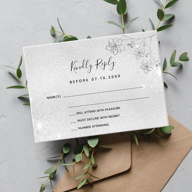 Silver floral elegant wedding RSVP Card (Creator Uploaded)