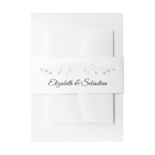 Silver Floral Flourish Border on White Wedding Invitation Belly Band