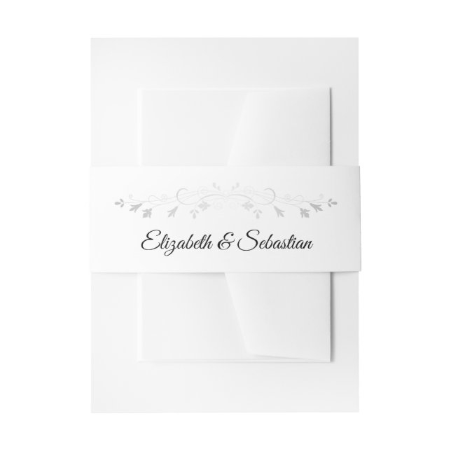 Silver Floral Flourish Border on White Wedding Invitation Belly Band (Front Example)