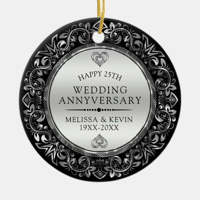 Silver floral frame 25th wedding anniversary ceramic tree decoration (Front)