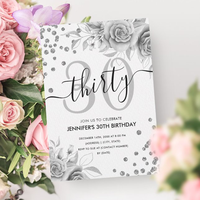 Silver Floral Glitter 30th Birthday Script Invitation (Silver Floral Glitter 30th Birthday Script Invitation)