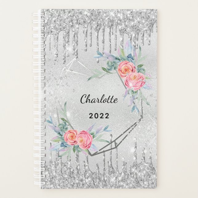 Silver floral glitter blush pink name geo 2025 planner (Front)