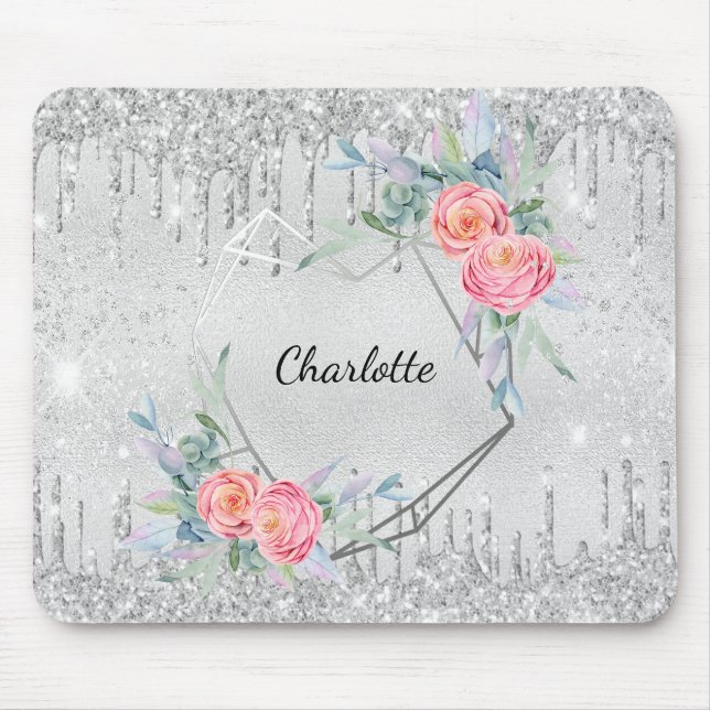 Silver floral glitter drips blush pink name mouse mat (Front)