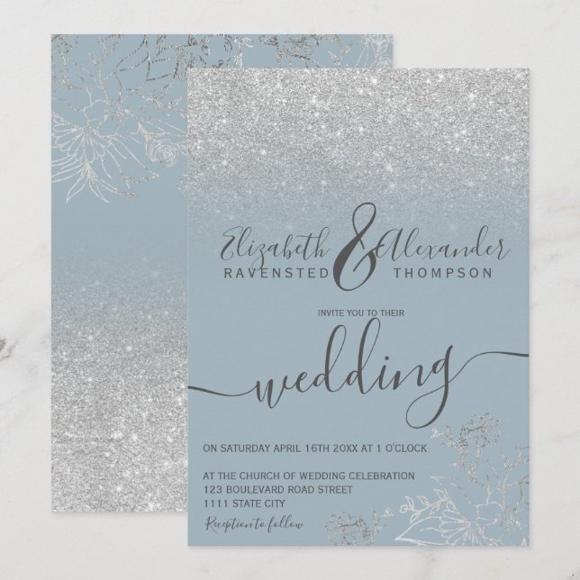 Silver floral glitter dusty blue script wedding invitation (Front/Back)