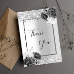 Silver floral glitter elegant glamourous thank you card<br><div class="desc">Faux silver looking background,  decorated with faux glitter,  sparkles and florals.On front large hand lettered script and the text: Thank You.
Back: Personalise and add your thank you note and name.</div>