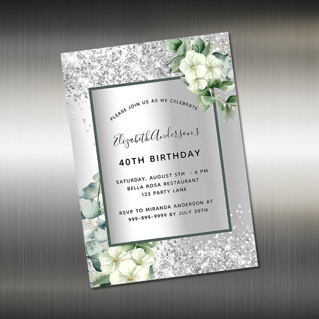 Silver floral greenery birthday invitation magnet (Creator Uploaded)