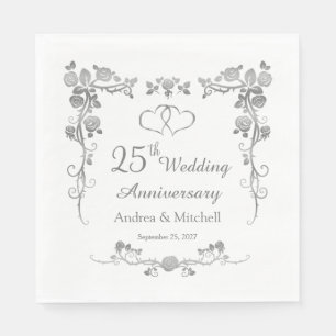 Silver Floral Hearts 25th Wedding Anniversary Napkin