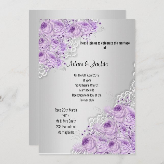 Silver Floral LACE ELEGANT MODERN WEDDING Invitation (Front/Back)
