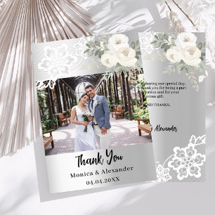Silver floral lace wedding photo thank you card