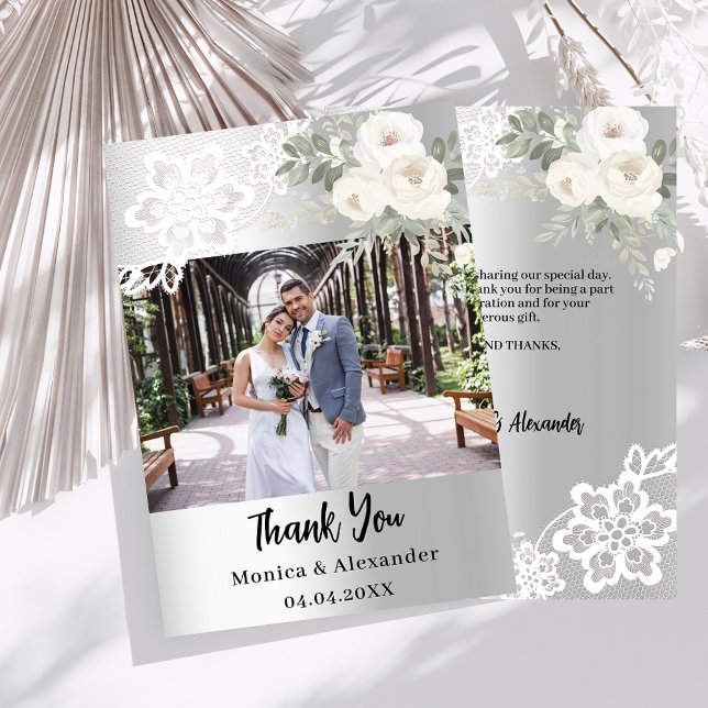 Silver floral lace wedding photo thank you card (Creator Uploaded)