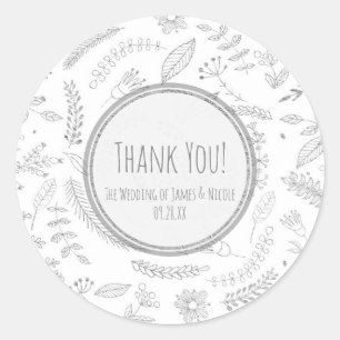 Silver Floral Leaves Rustic Elegant Wedding Favour Classic Round Sticker
