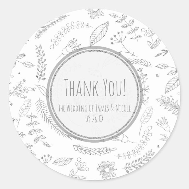 Silver Floral Leaves Rustic Elegant Wedding Favour Classic Round Sticker (Front)
