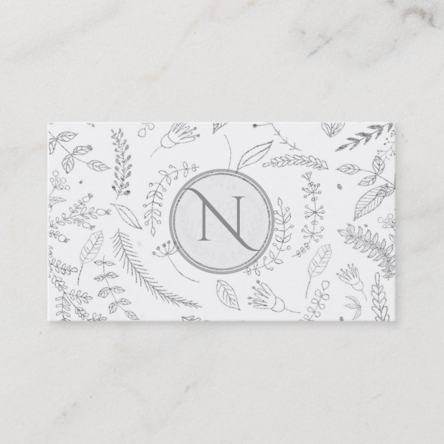 Silver Floral Leaves Rustic Wedding Botanical Business Card (Front)