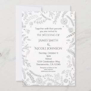 Silver Floral Leaves Rustic Wedding Invitations