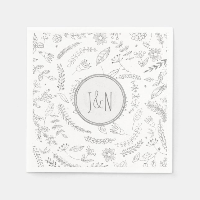 Silver Floral Leaves Rustic Wedding Reception Napkin (Front)