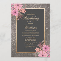 Silver Floral Leaves Watercolor Glitter Birthday