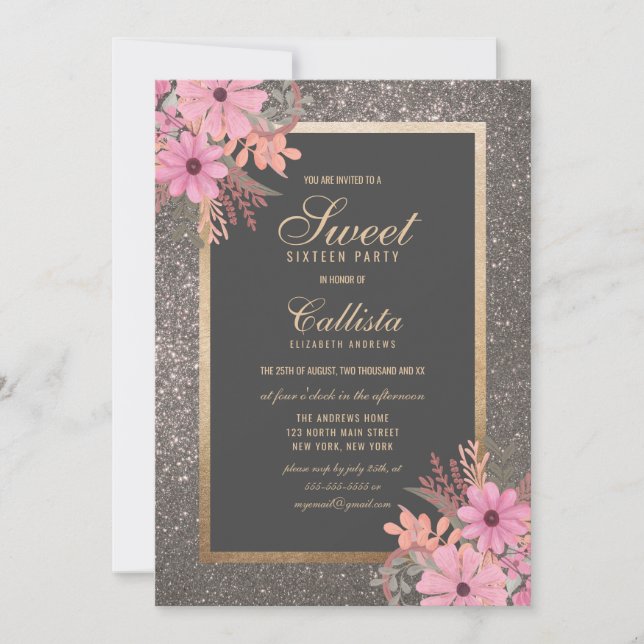 Silver Floral Leaves Watercolor Glitter Sweet 16 Invitation (Front)