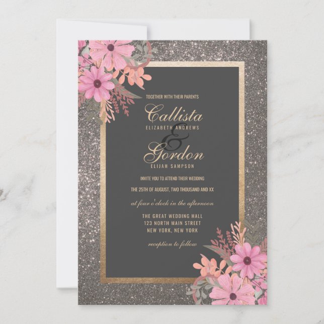 Silver Floral Leaves Watercolor Glitter Wedding Invitation (Front)