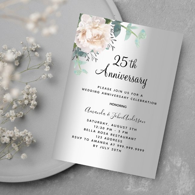 Silver floral luxury 25th wedding anniversary invitation (Creator Uploaded)
