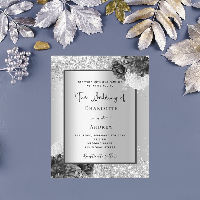 Silver floral monochrome budget wedding invitation flyer (Creator Uploaded)