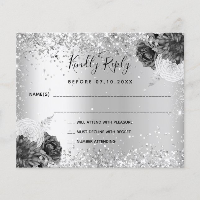 Silver floral monochrome wedding RSVP card (Front)