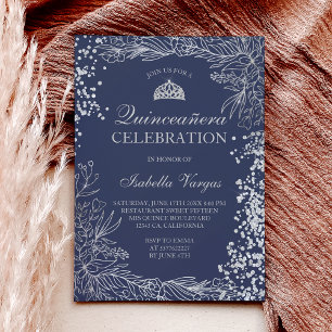 Silver floral navy blue photo Tiara Quinceañera Invitation