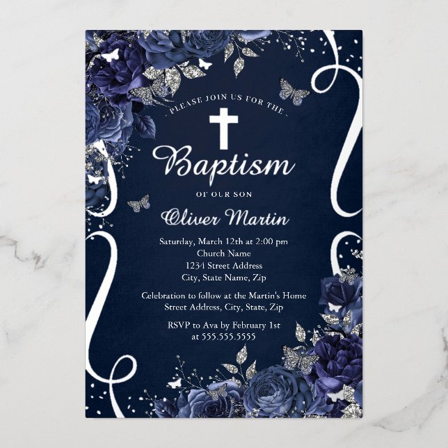 Silver Floral Navy Butterfly Boy Baptism  (Front)