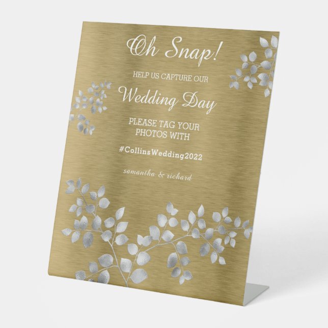 Silver Floral on Gold Wedding Pedestal Sign (Front)
