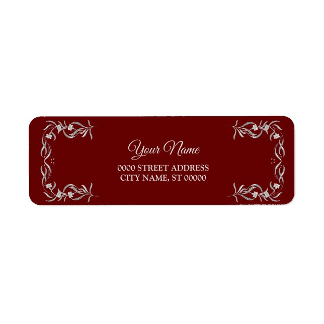Silver Floral Pattern Red Wedding Return Address (Front)
