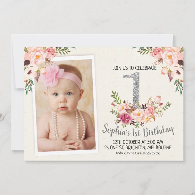 Silver Floral Photo 1st Birthday Party Invitation (Front)