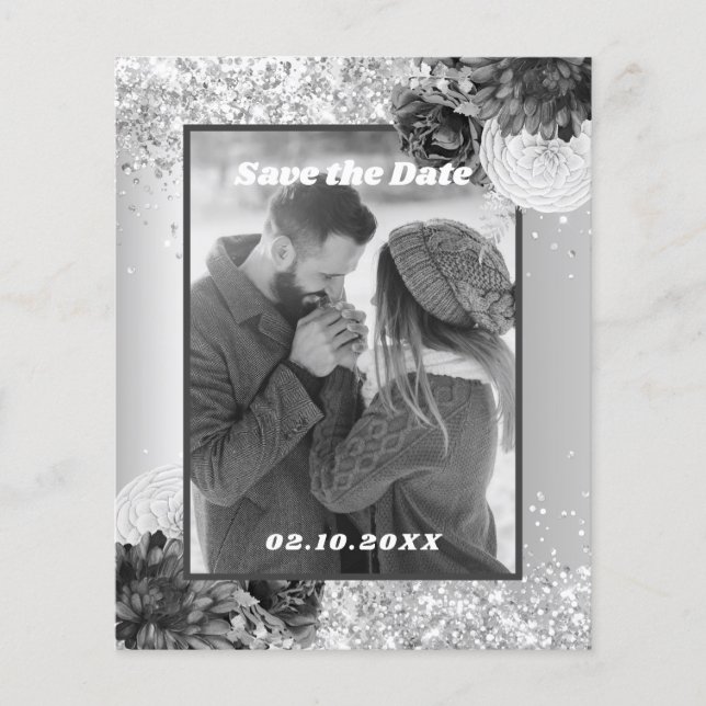 Silver floral photo Save the Date wedding (Front)
