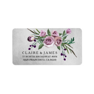 Silver Floral Purple Rose Wedding Address Label