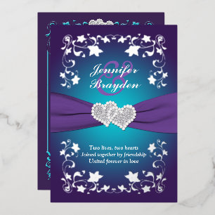 Silver Floral, Purple, Teal Joined Hearts Wedding 