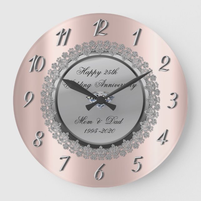 Silver Floral,Rose Gold 25th Wedding Anniversary Large Clock (Front)