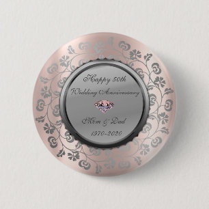 Silver Floral Rose Gold 50th Wedding Anniversary 6 Cm Round Badge