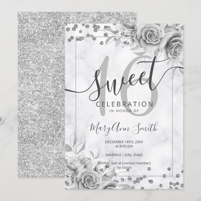 Silver Floral Sweet 16 Birthday Marble Glitter  Invitation (Front/Back)