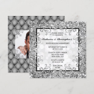 Silver floral swirl glitter quatrefoil DIY photo Invitation