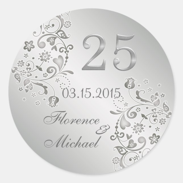 Silver floral swirls 25th Wedding Anniversary Classic Round Sticker (Front)