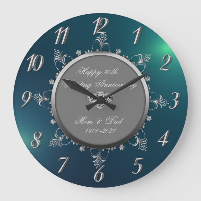 Silver Floral Swirls,Green  Wedding Anniversary Large Clock (Front)