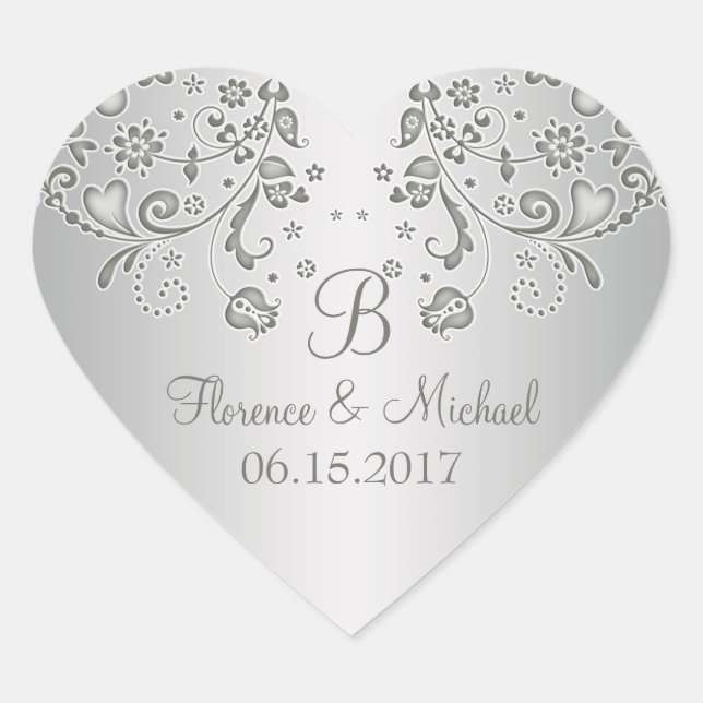 Silver floral swirls Wedding Heart Sticker (Front)