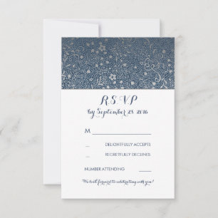 Silver Floral Vintage Navy Wedding RSVP Cards