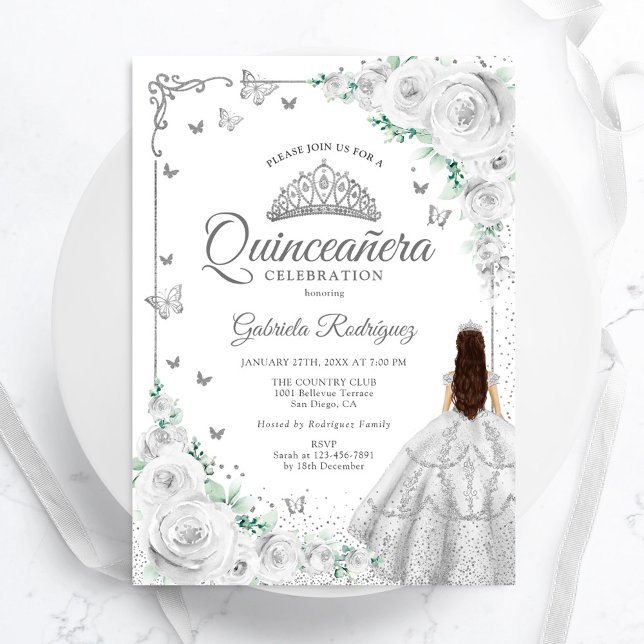 Silver Floral Watercolor Roses Quinceanera Invitation (Creator Uploaded)