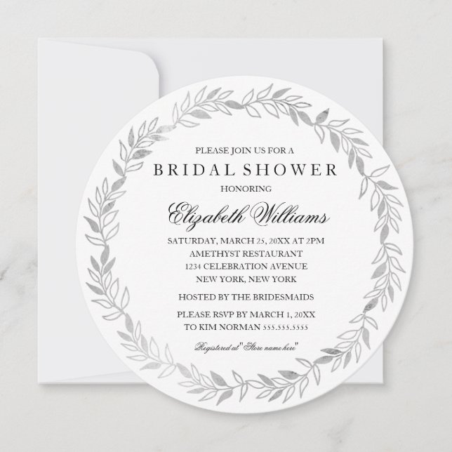 Silver Floral Wreath Bridal Shower Invite (Front)