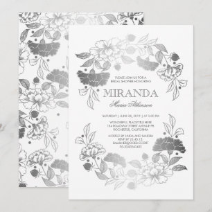 Silver Floral Wreath Elegant White Bridal Shower Invitation